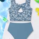 Girls Tankini Swimsuit 2 Piece Bathing Suit Twist Cross Back Cutout Swim Tank Top Floral Print Swimwear for 13-14Y