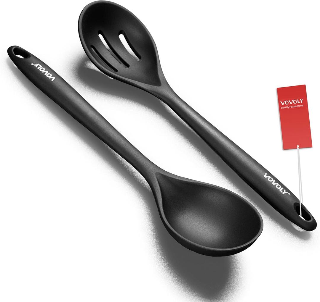 Silicone Spoons for Cooking - Kitchen Spoons for Mixing, Serving, & Stirring - 600F Heat-Resistant Non Stick Utensils Ladle & Skimmer- Dishwasher Safe, Black,10.3IN