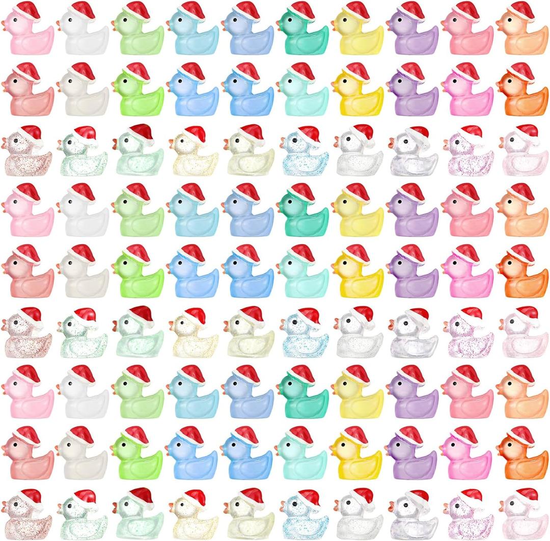 300pcs Christmas Luminous Mini Resin Duck Glow in The Dark Mini Santa Duck 30 Style Glitter Miniature Figure Animal Bulk for Dollhouse Christmas Stocking Stuffer Fairy Garden Aquarium Craft