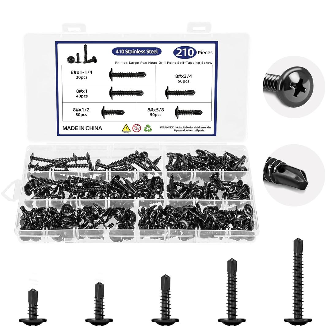 210Pcs Self Tapping Screws for Metal, 410 Stainless Steel #8 Self Drilling Screws Assortment Set, 1/2" to 1-1/4" Length Black Sheet Metal Screws for Building, Wood, and Plastic