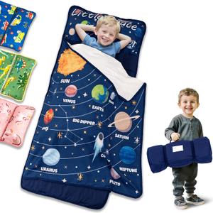 Primlect Toddler Nap Mat, Portable Rolled Design Perfect for Daycare Travel, 51x31 All-in-One Sleeping Bag with Removable Pillow and Fleece Blanket for Boys Girls, Machine Washable