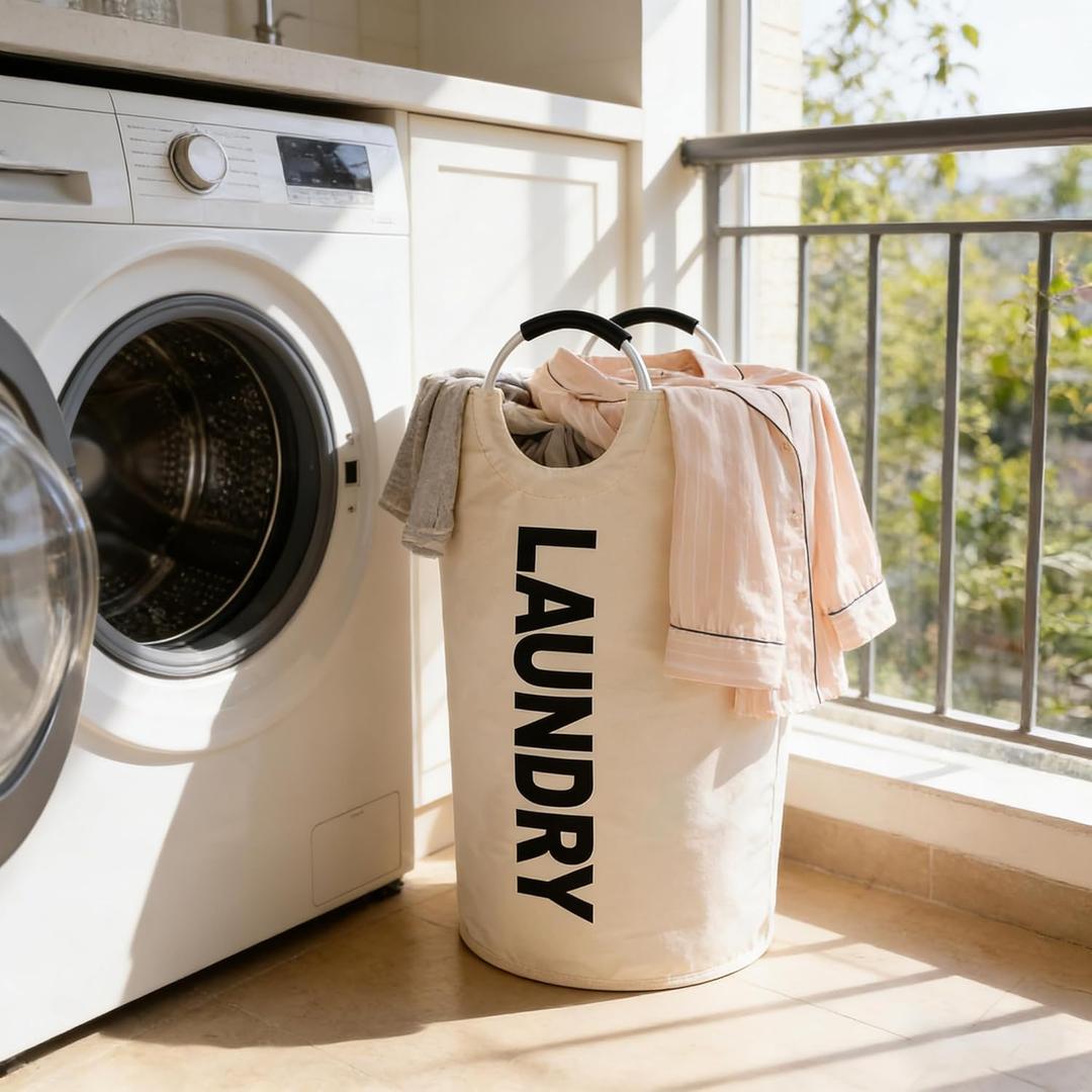 1pc 90L Large Laundry Hamper, Laundry Basket Stands Up Well, Collapsible Folding Tall Clothes Hamper, Easy Carry with Foam Protected Aluminum Handles for Bathroom, College, Travel (Light Grey)