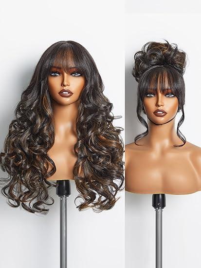 GORGIUS Highlight Wigs with Bang Body Wave Wig Long Natural Highlights Glueless Wavy Wig Crafted with Style-Archive Premium Fiber, Realistic Look with True Scalp Highlights Mixed Natural Black