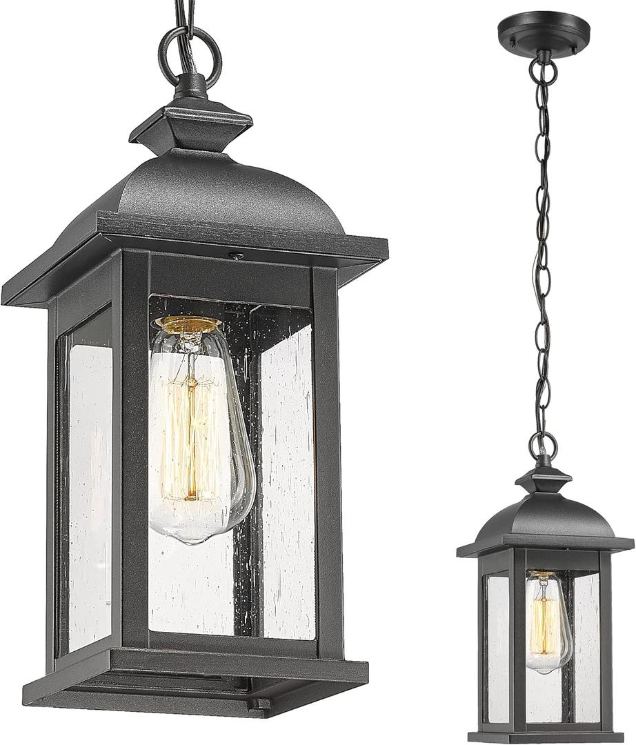 FEMILA Outdoor Pendant Light, 19 Inch Large Vintage Hanging Lantern Light, Outdoor Pendant Lights for Porch with Adjustable Chain, Black Finish, Seeded Glass, 4FD54H2 BK