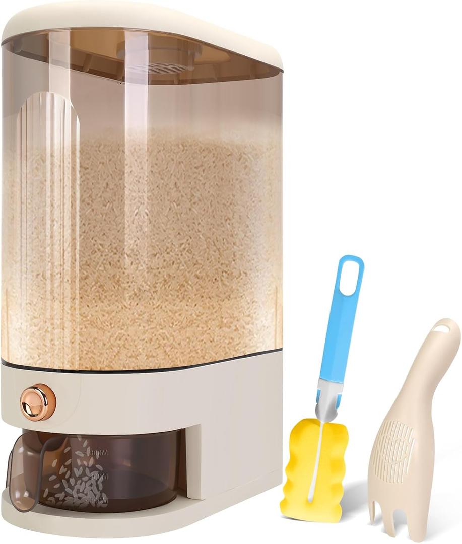 Clear Rice Dispenser, Large Grain Container with Measuring Cup & Time Scale, Moisture Proof Dry Food Dispenser, Kitchen Organization and Pantry Store for Cereal (25 Lbs, Clear and White)
