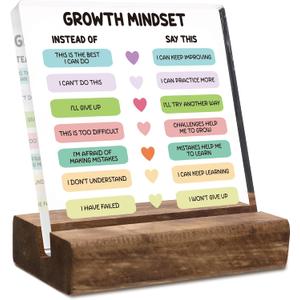 2 x Growth Mindset Desk Decor Sign, Mental Health Therapy Office Motivational Gift, Positive Affirmations for School Psychology Office Classroom, Clear Acrylic Sign