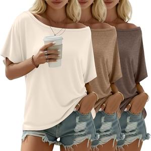 Riyiper 3 Pack Women's Off The Shoulder Shirts Loose Fit Flowy Tops Short Sleeve Casual Summer Oversized Tshirt Workout Tunic(Cream, Khaki, Light Coffee,XX-Large)