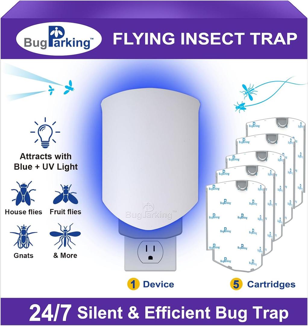 Flying Insect Trap, Plug-in UV Light for Gnats, Fruit Flies and Houseflies, Silent Sticky Catcher for Indoor Use, 1 Device & 5 Refills