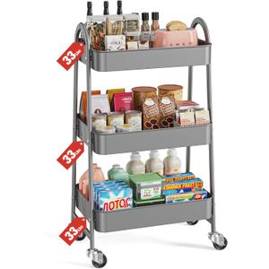 Sweetcrispy 3 Tier Rolling Cart with Wheels, Metal Utility Storage Carts, Kitchen Organizer Trolley Shelves, Mobile Shelving Unit for Bathroom Laundry Office Bedside, Gray (Light Grey)