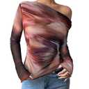 RoseSeek Women's Off Shoulder Tie Dye Mesh T Shirt Long Sleeve Asymmetrical Hem Ruched Fitted Tee Tops Mix Red 4X-Large