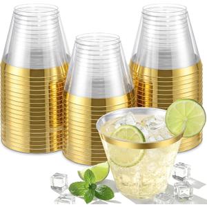 Nervure 120PCS Gold Plastic Cups - 9Oz Gold Rimmed Plastic Cups - Heavy Duty Disposable Clear Cup with Gold Rim Perfect for Weddings, Receptions & Parties