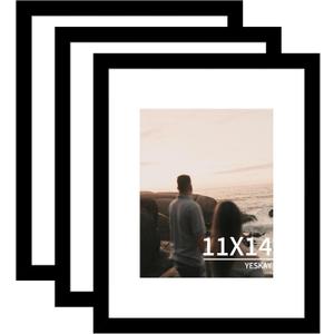 YESKAY 11x14 Picture Frame 3 Pack,Black Wooden Frame with Tempered Glass,Display Pictures 8x10 with Mat or 11 x 14 Without Mat,11 by 14 Photo Frame for Wall Hanging