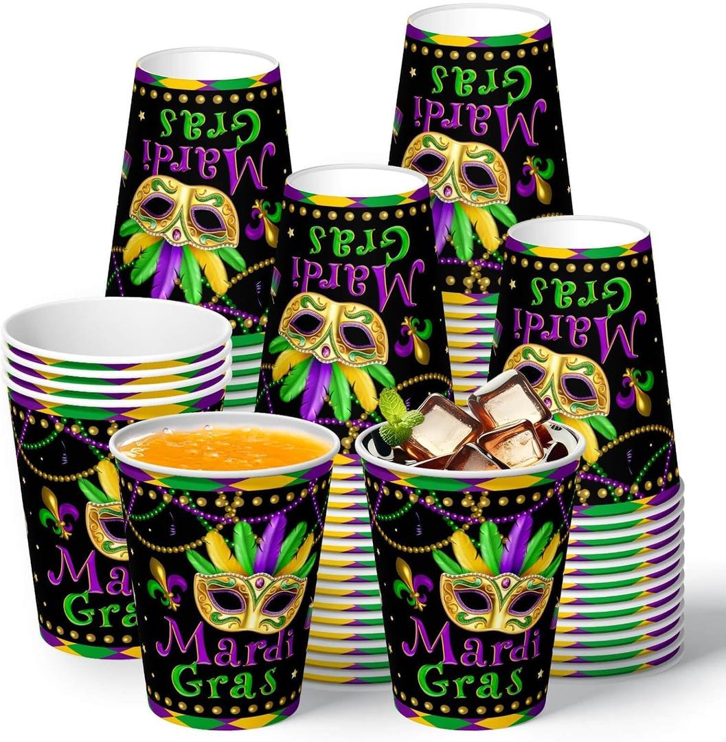 60 Pcs Mardi Gras Party Paper Cups 9 oz Carnival Masquerade Disposable Cups Carnival Masks Celebration Parade Costume Party Supplies for Juice Coffee Hot Cold Beverage Drink