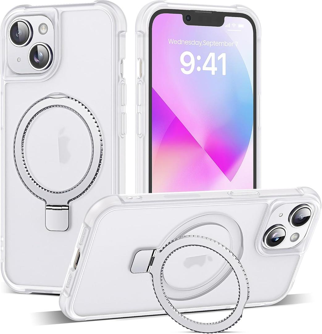 Compatible with iPhone 14 Case & iPhone 13 Case 6.1" with Invisible Ring Stand [Compatible with Mag-Safe] Translucent with Magnetic Kickstand, Translucent