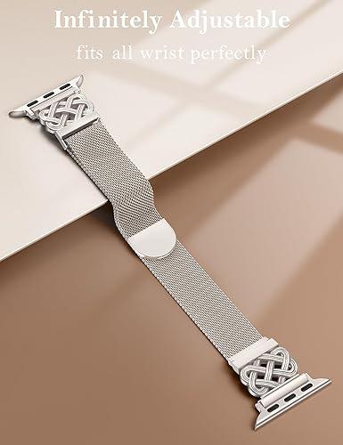 BEEXI Stainless Steel Magnetic Loop Compatible with Apple Watch Band 42/41/40/38mm Women Mesh Celtic Knot Dressy Strap for iWatch Series 11/10/9/8/7/6/5/4/3/2/1/Ultra(1/2/3)/SE(1/2/3) Starlight