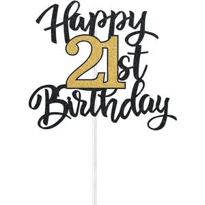 21st Birthday Cake Topper, Happy 21st Birthday Cake Topper, 21 Cake Topper for Him or Her, Black and Gold Glitter Cake Decoration for 21st Birthday Decorations, Men Women Adult Birthday Party Decor
