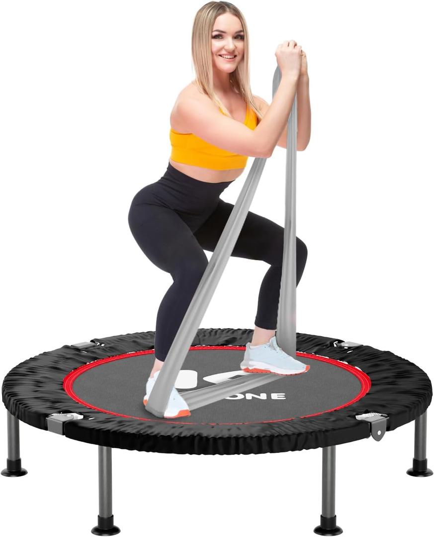 40" Mini Flodable Spring Rebounder Trampoline for Adults, Small Exercise Trampoline for Indoor Workout and Fitness, Purple Resistance Band Included, Max Load 330 LBS