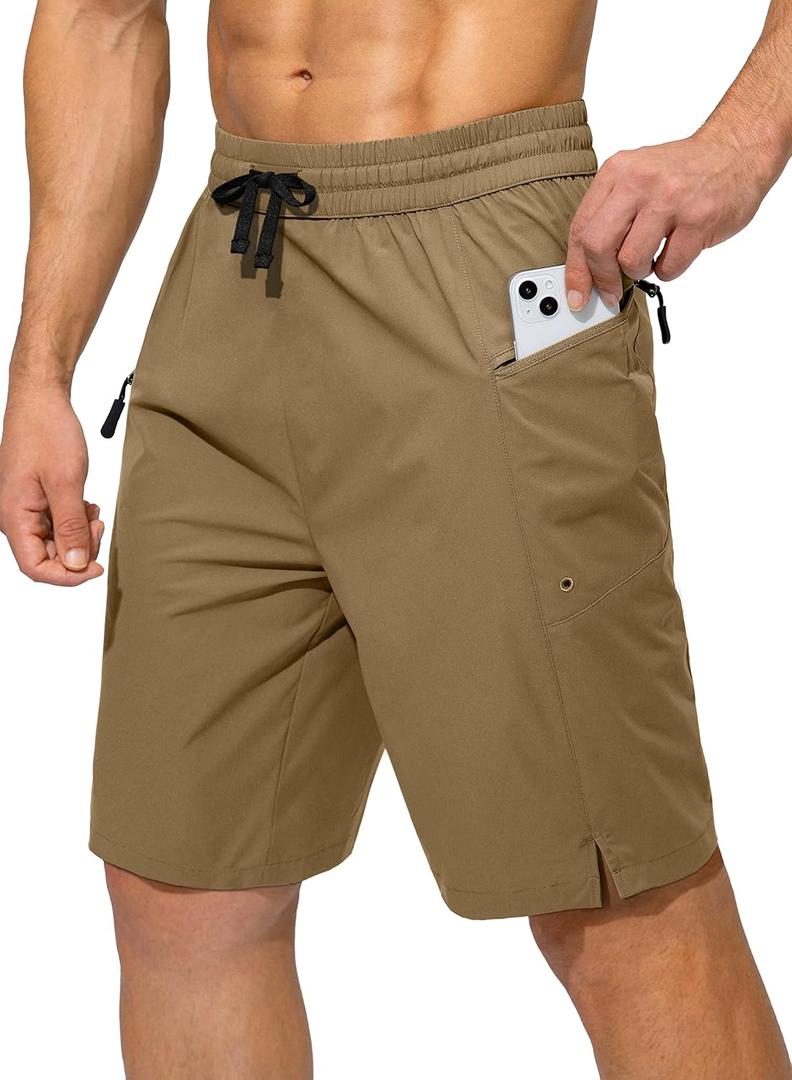 Men's Swim Trunks Quick Dry Board Shorts with Zipper Pockets Beach Shorts Bathing Suits for Men - No Mesh Liner (Large, Dark Khaki)