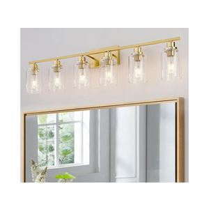 6 Light Gold Bathroom Light Fixtures Brushed Brass Vanity Light Over Mirror Modern Wall Lighting Sconces Wall Lamp for Bathroom, Bedroom, Living Room E26 Socket with Glass Shade
