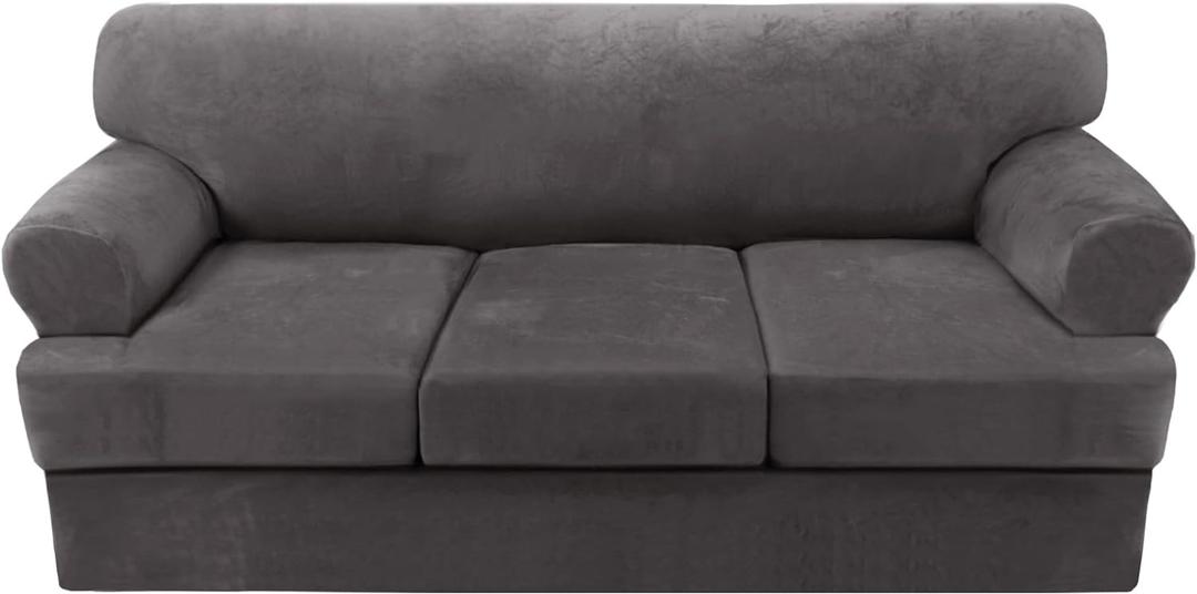 H.VERSAILTEX 4 Piece T Cushion Sofa Slipcovers Thick Velvet Stretch Couch Cover Furniture Protector for 3 Couch Covers with 3 Individual T Cushion Covers Washable, Grey