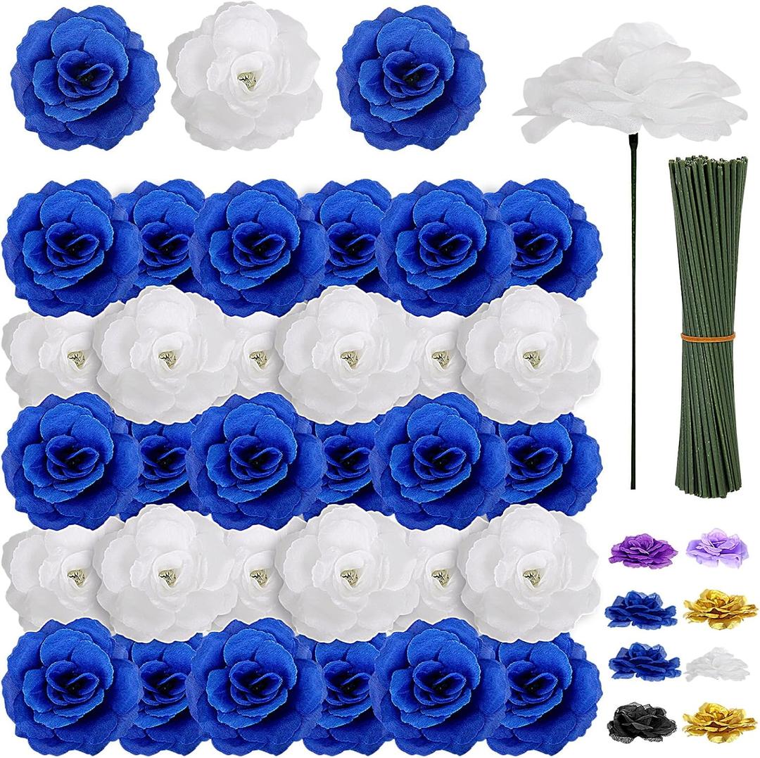 108pcs Roses Head Flowers with Stem - Blue & White Artificial Flowers Rose Bulk - Silk Royal Blue Rose Fake Flower for Wedding Bouquet Party Home Decor DIY Baby Shower Centerpieces Tables Decoration