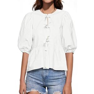 Tankaneo Womens Tie Front Tops Summer Peplum Babydoll Puff Short Sleeve Blouse Cute Cotton Shirts (White, XXL)