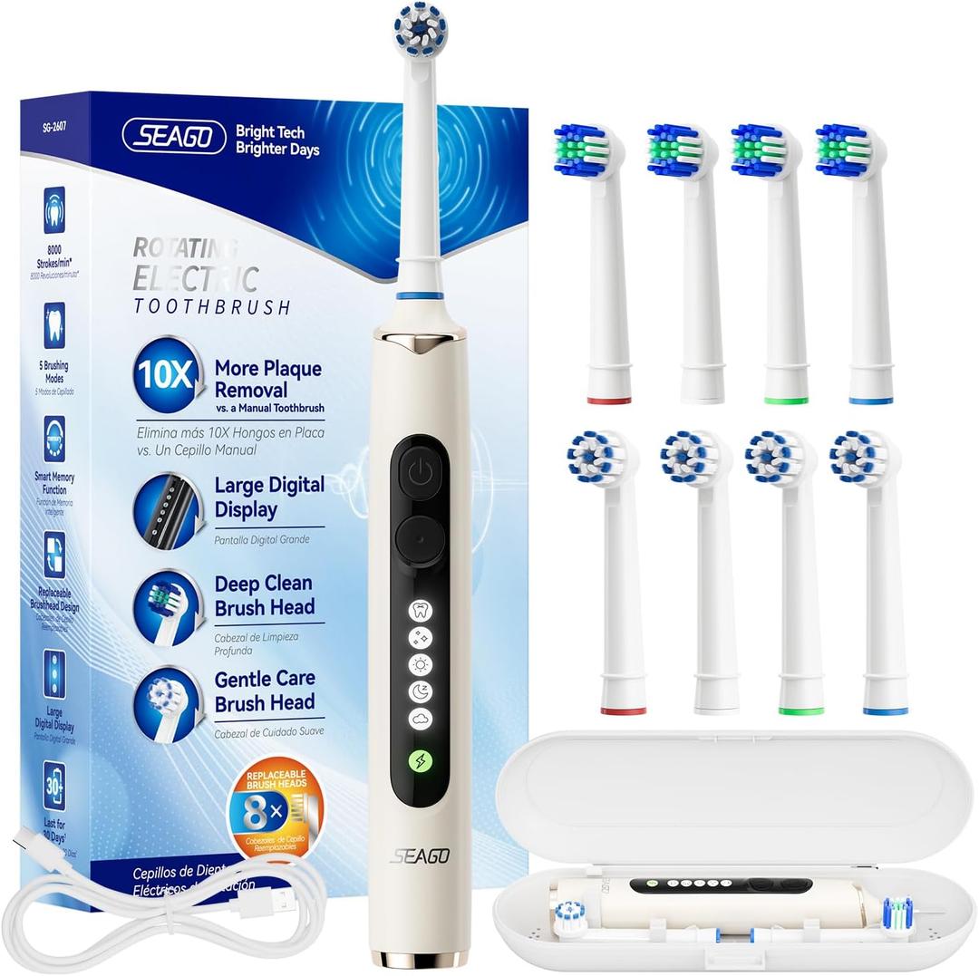 SEAGO Rotating Electric Toothbrush for Adults - 8 Replacement Heads (4 Soft/4 Hard), IPX7 Waterproof, 5 Modes with Memory Function, 2-Minute Timer, USB Type-C Rechargeable (SG-2607-Beige)