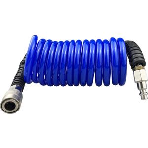Polyurethane Recoil Air Hose, 1/4" Inner Diameter,10 Feet Blue with Bend Restrictor and Industrial Quick Coupler and Plug