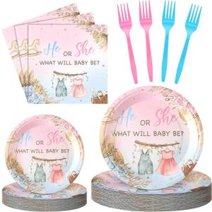 Sunnyray 96 Pcs/24 Sets Boho Gender Reveal Plates Napkins Decorations Gender Reveal Baby Shower Party Supplies Baby Shower Paper Tableware Set Dessert Plates Napkins Forks