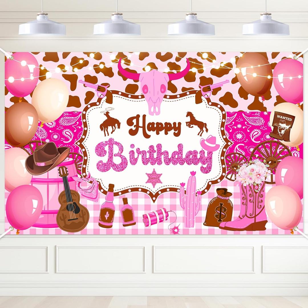 Avezano Western Cowgirl Birthday Banner Wild West Western Theme Happy Birthday Party Decorations Cow Print Pink Cowgirl Birthday Photography Background Party Supplies Banner 70.8 x 43.3 Inch