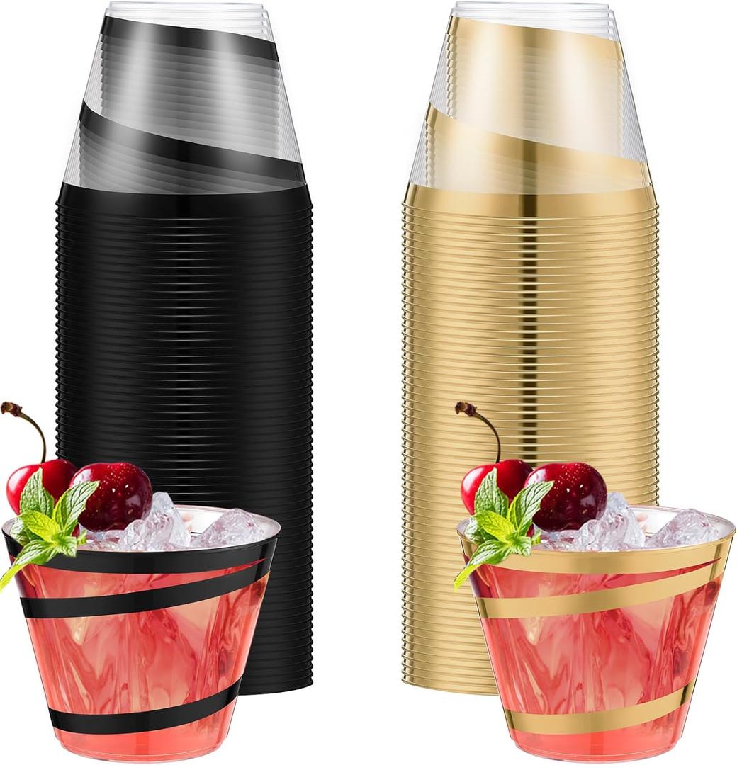 Gejoy 9 oz Rimmed Swirl Plastic Cups Disposable Wine Drinking Cups Clear Elegant Graduation Tumblers for Wedding Party Supplies(100 Pcs,Black, Gold)