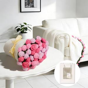 Crochet Bouquet Throw Flower Blanket, 40" Handmade Knitted Pink Rose Flower Bouquet Blanket,Cute Romantic Gifts for HerGirlfriend Mom Mother's Day Birthday Wedding Valentine Anniversary,Gradient Pink