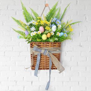 Basket Wreath 17 Inch Spring Summer Door Hanger Basket Eggs Wreath Artificial Summer Flowers Wreaths with Green Leaves Daisy for Front Door Indoors Outdoor Decor