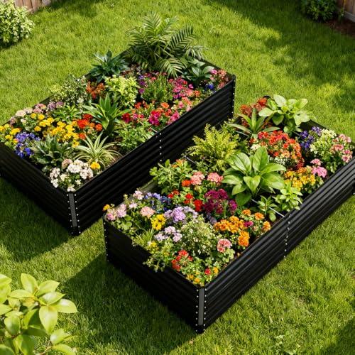 COMHOMA 2 Pack Raised Garden Bed 8x4x2ft,Galvanized Metal Planter Box Kit for Outdoor Gardening,Large Vegetable Flower Growing Beds with Gloves Tools,Black