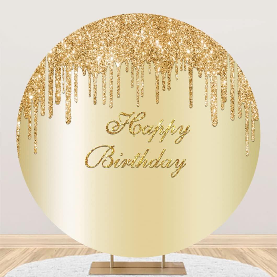 YongFoto 7x7ft Polyester Gold Birthday Round Backdrop Dripping Glitter Happy Birthday Party Circle Background Girls Woman Birthday Celebration Cake Table Decor Kids Adults Portrait Photo