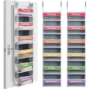 2 Pack Weekly Over the Door Organizer for Kids with 12 Side Pocket Hanging Clothes Organizer Closet Storage Monday Through Weekend Storage Shelves, 6 Shelf(Grey,Colorful), 4.72 x 11.81 x 61.42 inches