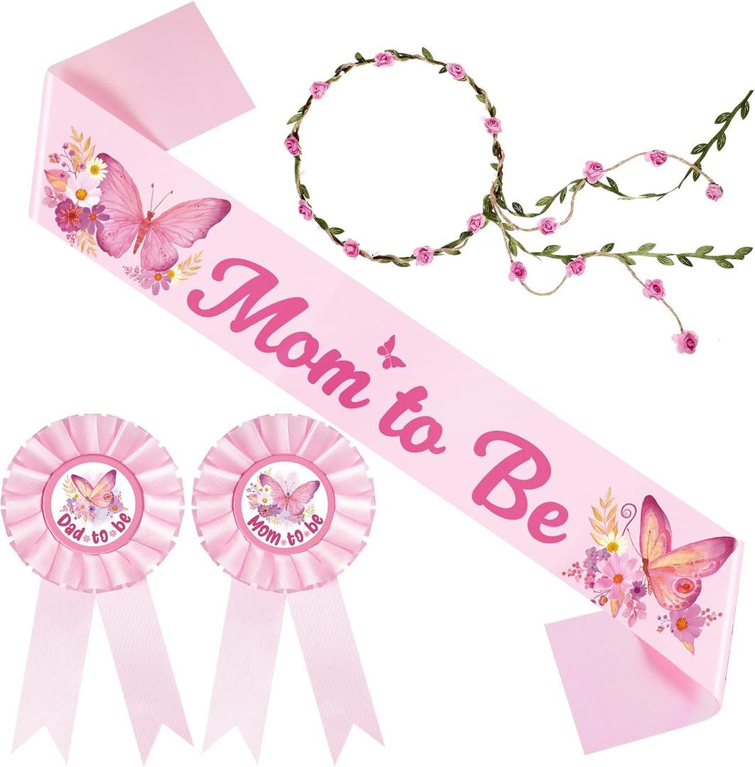 Butterfly Theme Mom to Be Sash Baby Shower Dad to Be Pin and Pink Flower Crown Headband for Gender Reveals Party Baby Shower Party Favors Decorations for Girls Pregnancy Photo Props Keepsake Gifts