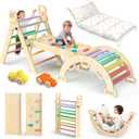 BlueWood Pikler Triangle Set with Cushion - Climbing Toys for Toddlers 9-in-1, Montessori Philosophy Play Jungle Gym with Arch, Ramp, Ladder (Rainbow)