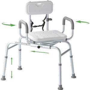 Sliding Shower Chair Tub Transfer Bench with Swivel Seat, Padded Armrest and Backrest, Height Adjustable for Bathtubs, Inside Shower, for Handicap & Seniors, 350 Lbs