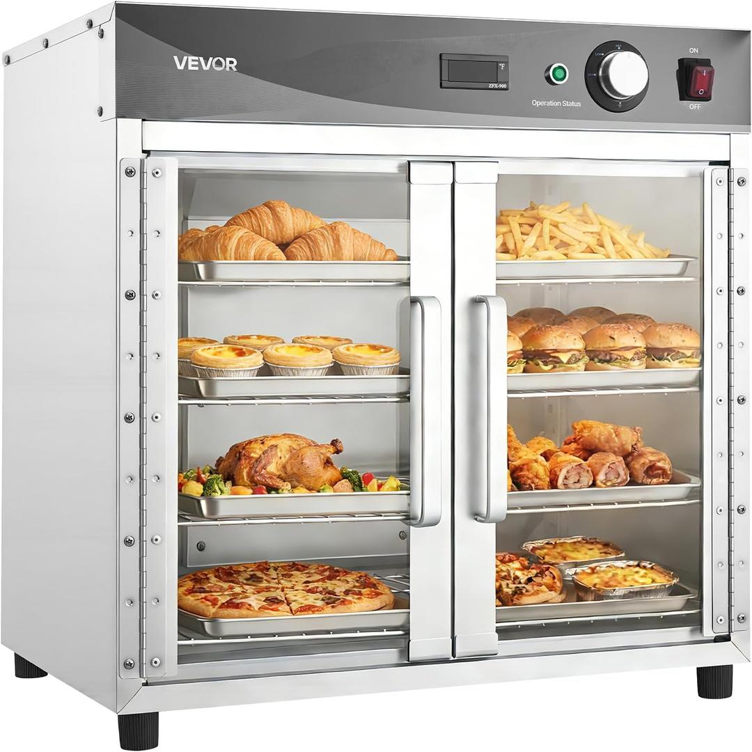 VEVOR Electric Hot Box Food Warmer, 4-Tier Commercial Warming Cabinet with Water Tray, Glass Door and Adjustable Shelves, Stainless Steel Food Warmer Cabinet, for Restaurant, Kitchen, Pizza, Chicken