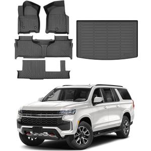 Powerty Floor Mats & Cargo Liner for 2021-2024 2025 2026 Chevy Chevrolet Suburban/GMC Yukon XL 8 Seats Accessories Floor Mats 2 Row Liner Set All Weather TPE 3D Floor Liners&Rear Cargo Mat