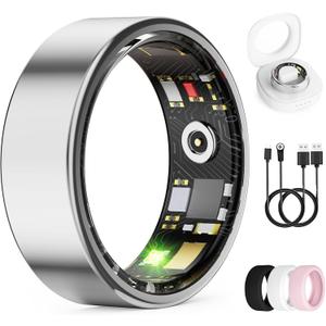 Smart Ring for Women & Men, Health Tracker Ring with Heart Rate, Blood Oxygen,Blood Pressure, IP68 Waterproof Fitness Ring, Sleep Tracker for iPhone and Android, No APP Fee (Silver, 9#)