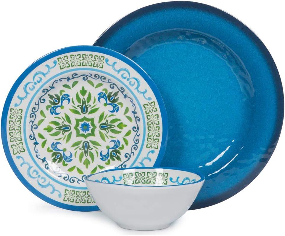 Melamine Dinnerware Sets 12 Pcs, Melamine Plates, Party Plates and Bowls Sets, Camping Dishes Set for 4, Unbreakable, BPA-Free, Dishwasher Safe Green flowers