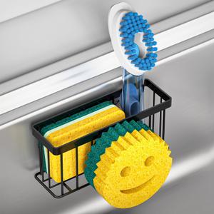 Sponge Holder for Kitchen Sink,Sink Caddy Smiley Face,4-in-1 Sponge Holder with Suction Cups & 1 PCS Adhesive Strips for Holding Soap,Brush,Scrubber,Sponge,Stopper-Black