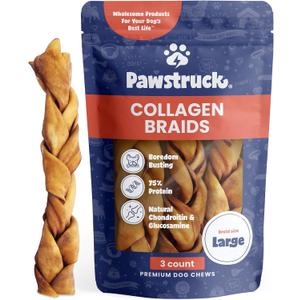 Pawstruck Natural Large 10-13 Beef Collagen Braids for Dogs Long-Lasting Rawhide & Bully Stick Alternative, with Chondroitin & Glucosamine 3 Pack (EXP 05/21/29)