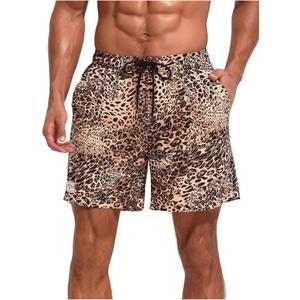 Verdusa Men's Leopard Print Drawstring Waist Swim Trunks Beach Shorts (Large, Brown Cheetah)