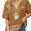 UVN Summer Tops for Women Short Sleeve V Neck Boho Casual Blouses Ladies Floral Print Tie Front Flowy Shirts, XL