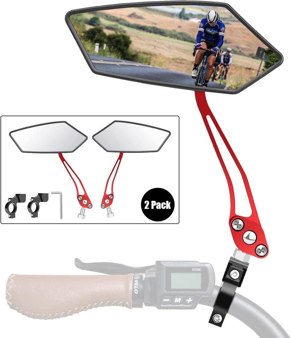 Bike Mirror 2 PCS, [New Version] HD Wide Angle Large Handlebar Rearview Mirror, Blast-Resistant 360Adjustable Bicycle Rear View Mirrors Accessories for Mountain Road Bike MotoRed