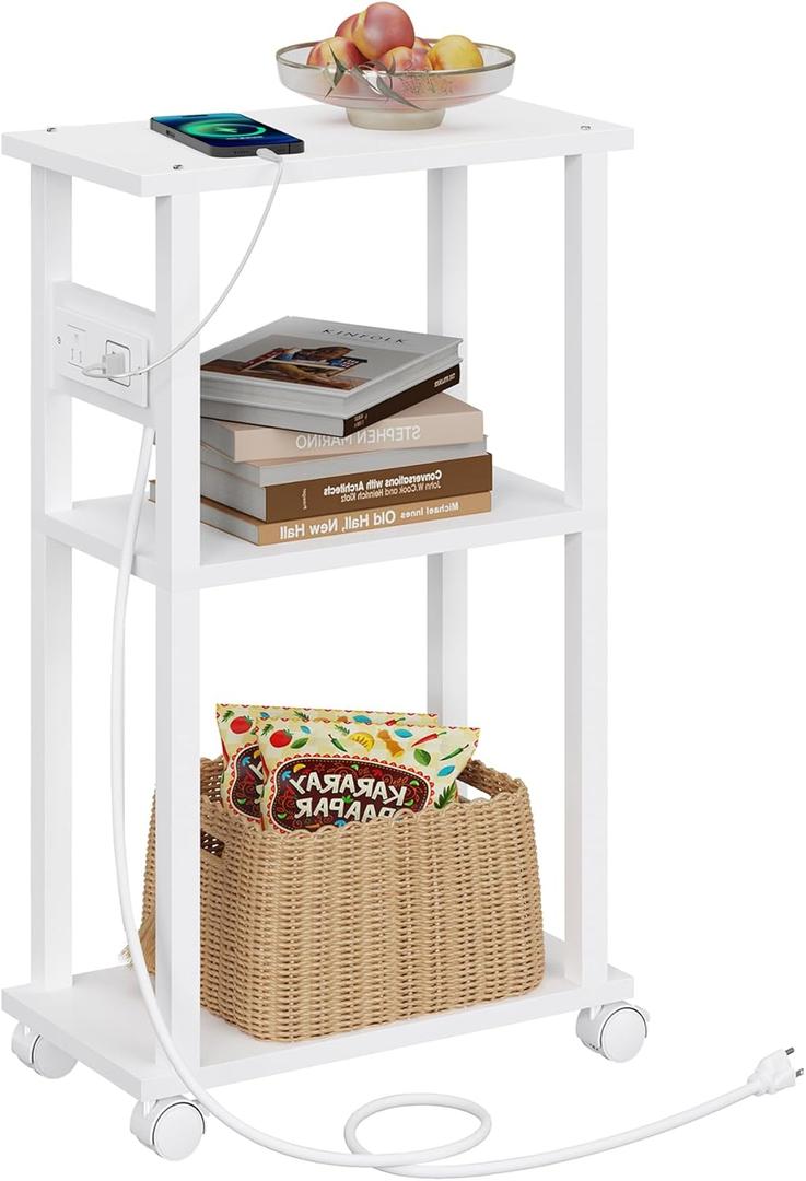TUTOTAK Small Narrow Side Table with Charging Station, Skinny End Table for Small Spaces, Slim Nightstand with USB Ports and Outlet, Sofa Beside Table with Wheels, White TB01BW046