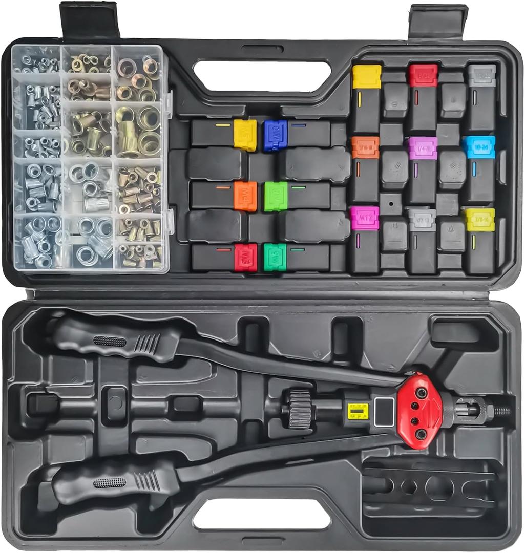 16" Professional Rivet Nut Tool Kit - Lever-Style Rivnut Tool with Visual Stroke Indicator, Nutsert Tool Kit Includes 15 Metric & SAE Mandrels for Threaded Inserts